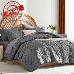 Dark Grey Tufted Comforter Set Queen Size 7 Piece Bed in a Bag