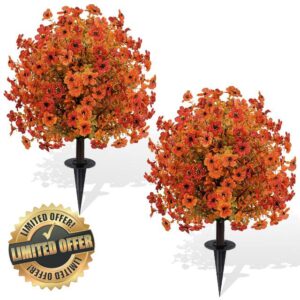 24" Artificial Fall Flower Bushes with Ground Stakes – Orange Faux Floral Plants with Autumn Leaves for Outdoor Thanksgiving