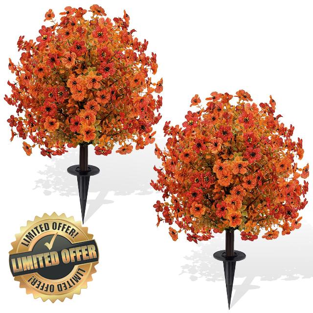 24" Artificial Fall Flower Bushes with Ground Stakes – Orange Faux Floral Plants with Autumn Leaves for Outdoor Thanksgiving