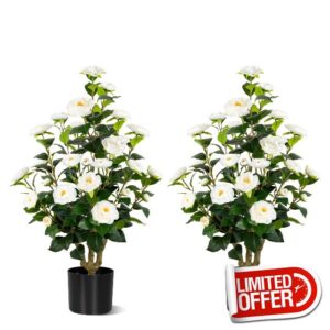 [2-Pack] 37’’ Artificial Camellia Tree with White Flowers