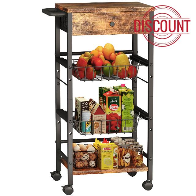 Kitchen Organizer and Storage Cart with Fabric Drawer and Convenient Handle