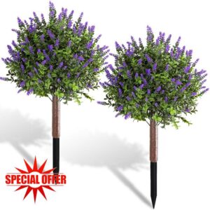 2 Pack Artificial Lavender with Boxwood Topiary Ball，23.6" UV Resistant Artificial Shrubs，with Ground Spikes