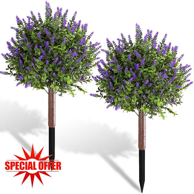 2 Pack Artificial Lavender with Boxwood Topiary Ball，23.6" UV Resistant Artificial Shrubs，with Ground Spikes