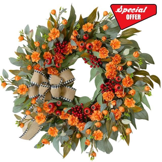 24 Inch Artificial Fall Wreaths for Front Door - Autumn Wreath with Large Red Berries