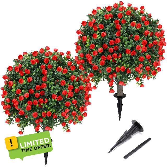 Artificial Red Rose Topiary Ball Tree 25" with Ground Spike