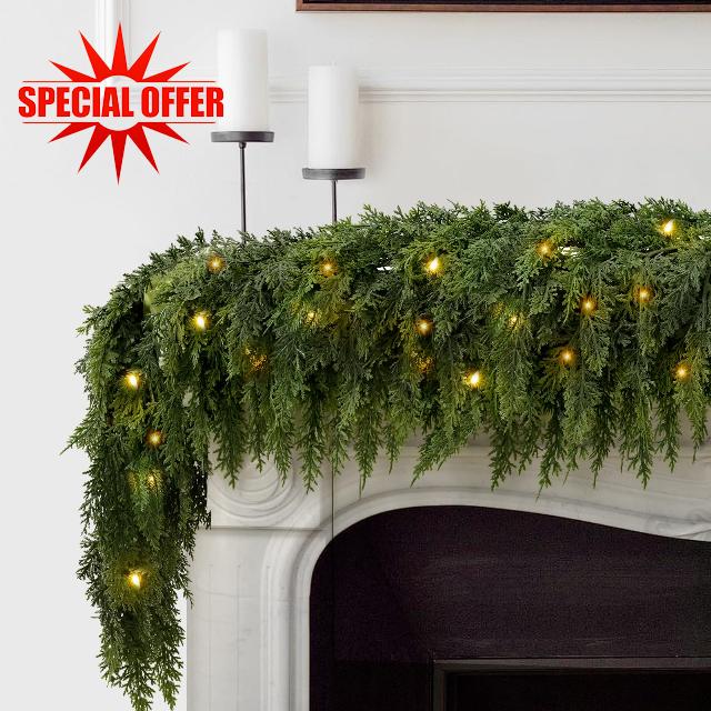 2PCS 9FT Pre-lit Christmas Cedar Garland with 100 Lights