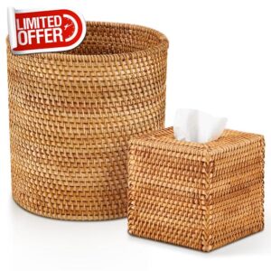 2 Pcs Rattan Trash Can & Square Tissue Box Cover