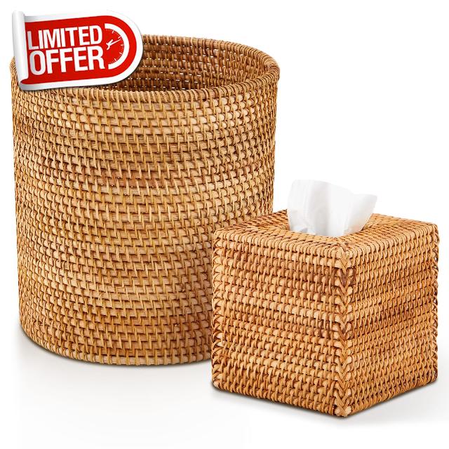 2 Pcs Rattan Trash Can & Square Tissue Box Cover