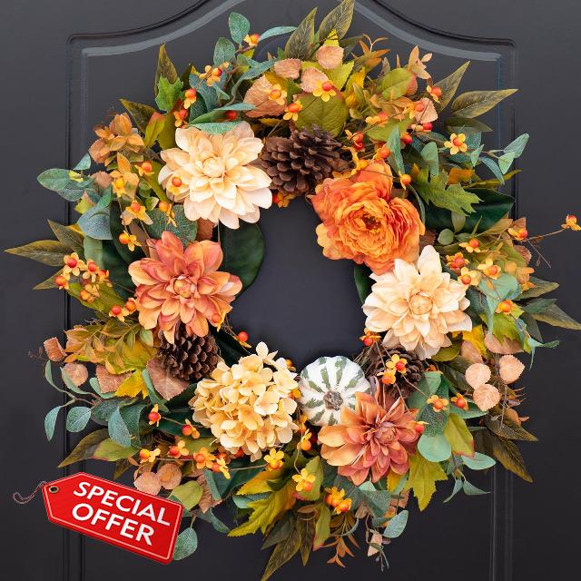 Fall Wreaths for Front Door Outside-24 Inch Autumn Wreath with Dahlia Flowers