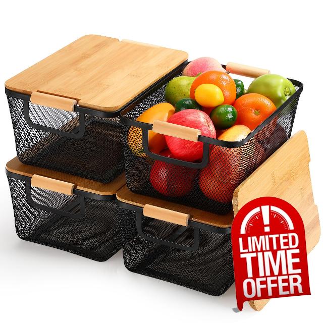 Geelin 4 Pack Metal Storage Bins with Bamboo Lid Wire Baskets with Wooden Handle 12.2 x 8.27 x 5.51 Inch Basket Containers Stackable Rectangular Storage Box for Organizing Kitchen Pantry Office Home