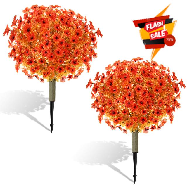 Yunlly 2 Pcs Fall Artificial Mums Topiary Ball Tree for Outdoor 24" UV Resistant Autumn Faux Bush Shrub Faux Violet Plant Fall Decorations for Porch Patio Garden Autumn Outdoor Decor(Orange)