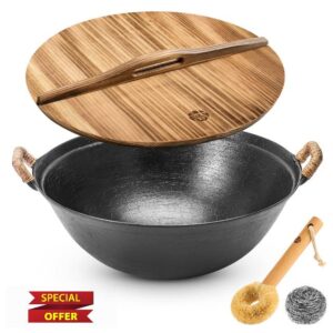 WANGYUANJI 11.8 Inch Handmade Cast Iron Wok with Dual Handles