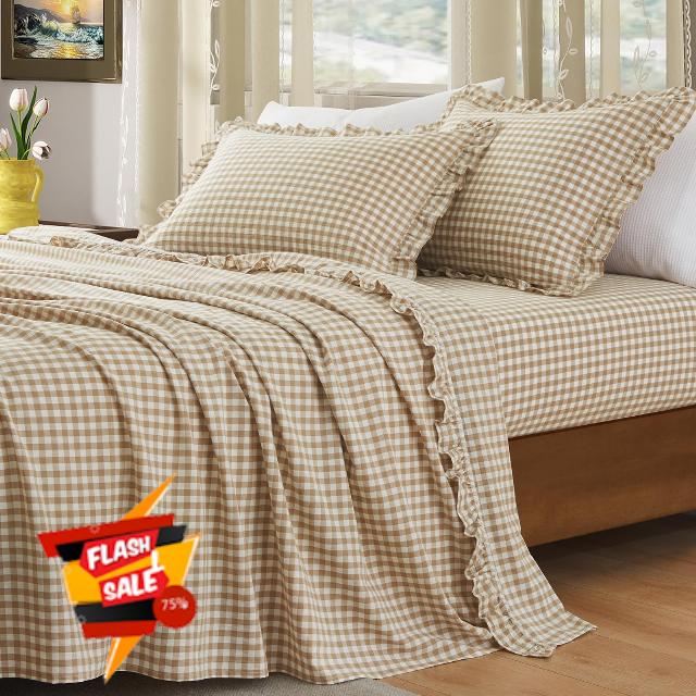 KKJIAF 4 Pieces Plaid Ruffle King Size Sheets Set