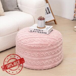 Round Plush Ottoman Pouf Stuffed– Fluffy Ottoman Foot Rest with Modern Foam Filler 20" x 14" Cozy Floor Pouf for Living Room & Bedroom (Pink)