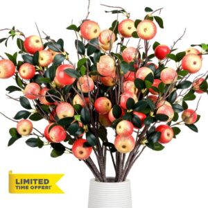 10 Pcs 27.56 Inches Artificial Fake Apple Branches Realistic Tall Apple Bouquets Tree Branch with Long Stem and Green Leaves Fruit Plant for Home Office Vase Filler Shop Decoration