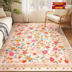 5x7 Area Rugs for Living Room Vacuum-Friendly Machine Washable Area Rug Flower Floral Printed Pattern Low Pile Non-Slip Carpet for Bedroom Hallway Entryway