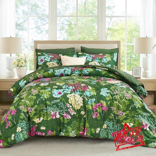 Yiran Green Floral Comforter Set Queen Size