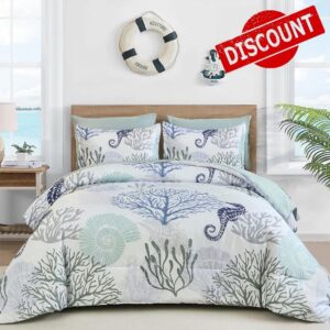 WONGS BEDDING Comforter Set Queen，Coastal Beach Theme Bedding Set
