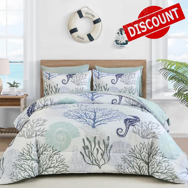 WONGS BEDDING Comforter Set Queen，Coastal Beach Theme Bedding Set