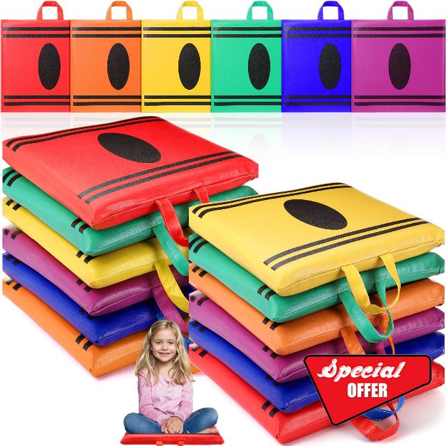 12 Pcs 12'' Crayon Floor Cushions with Handle for Kids Classroom Flexible Seating Colorful Floor Pillow Waterproof Cushions Seating for Toddlers Daycare Nursery Preschool School Home(Square)