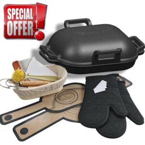 Cast Iron Loaf Oven Pan - 15.5" x 12.6" x 5" Sealed Bread Cloche Dutch Oven Set with Lid Handles Lame