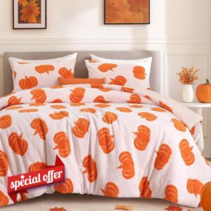 weigelia Burnt Orange Comforter Queen Size 3 Pieces Pumpkin Halloween Comforter Soft Velvet Lightweight Fall Bedding Set (1 Queen Comforter + 2 Pillowcases)