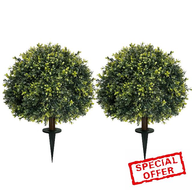 ICX 2 Pack 24" Artificial Boxwood Topiary Ball Trees with Ground Spike