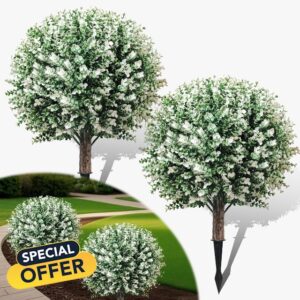 2 Pack White Boxwood Artificial Topiary Ball Trees with Ground Spike