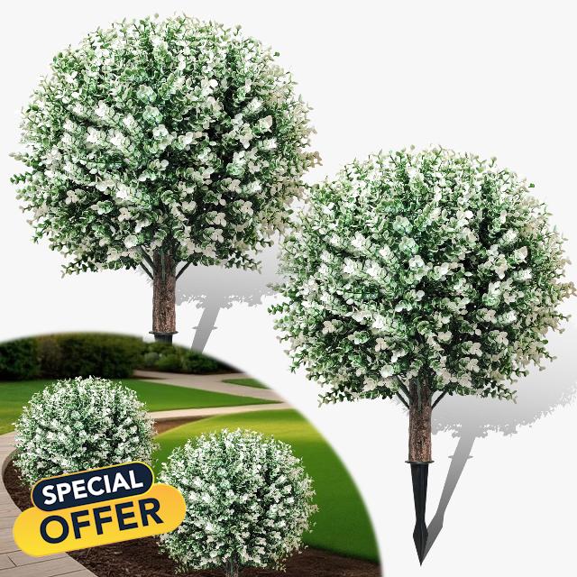 2 Pack White Boxwood Artificial Topiary Ball Trees with Ground Spike