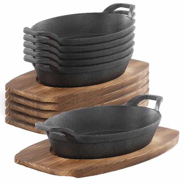 Megachef Cast Iron Mini Oval Pan/Saute Pan with Wood Tray