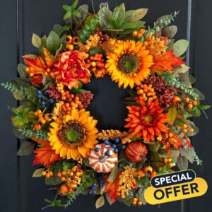 Fall Wreaths for Front Door – 24 Inch Autumn Wreath with Pumpkins
