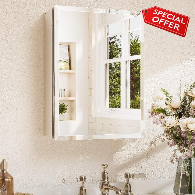 TETOTE 14 x 18 Medicine Cabinet with Tempered Beveled Mirror Silver Medicine Cabinet Mirror Aluminum Cabinet DTC Hinges