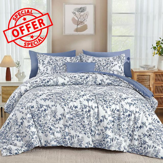 WONGS BEDDING Blue Floral Comforter Set Queen Size