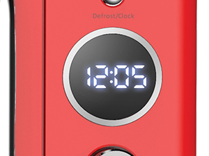 Red microwave oven with digital display showing 12:05. Features a black glass door, silver handle, and control buttons on the right side.