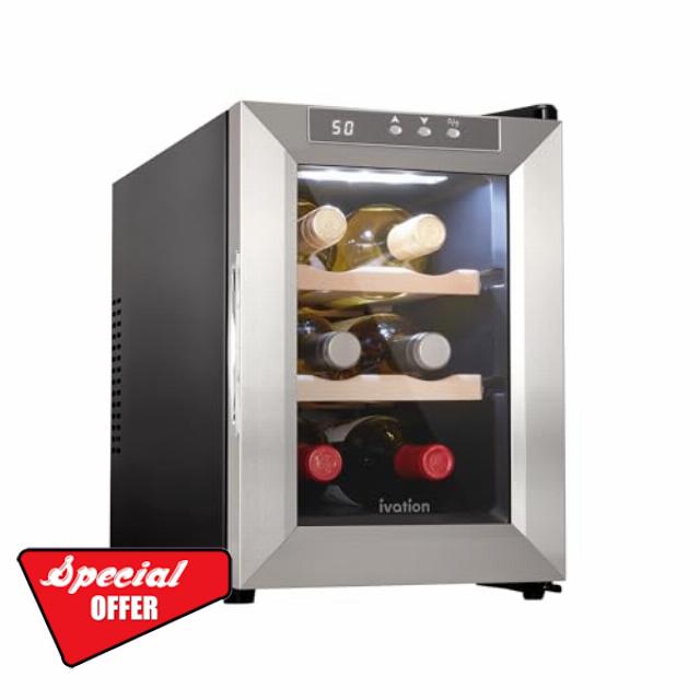 Ivation Premium Stainless Steel 6 Bottle Horizontal Thermoelectric Wine Cooler/Chiller Counter Top Red & White Wine Cellar w/Digital Temperature