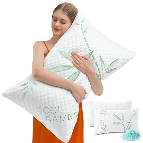 Shredded Memory Foam Pillows Queen Size Set of 2 Adjustable Firm Bamboo Bed Pillows for Hot