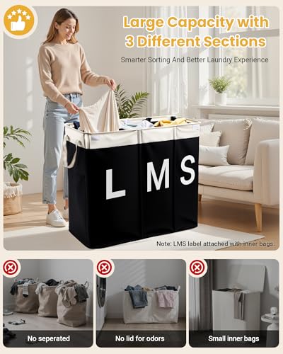 Sturdy Laundry Baskets with 3 Removable Bags (L M S)
