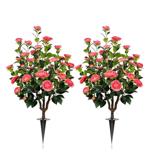 2Pack Pink Faux Camellia Flower UV Resistant Floral Blooming Bush for Indoor Outdoor Wedding Front Door Porch Garden Backyard Garden