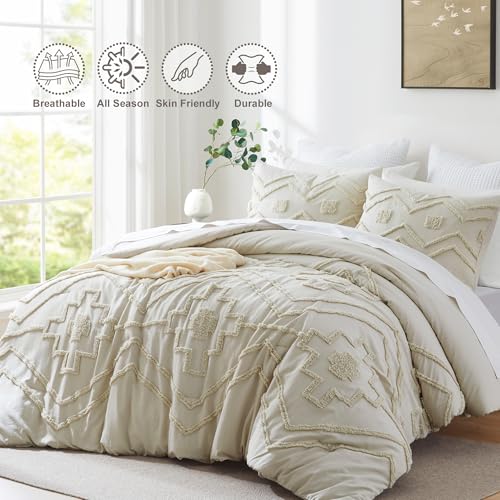 Shabby Chic Farmhouse Bedding Set with Comforters for All Seasons (Beige