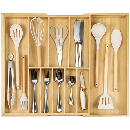 Expandable from 16.7'' to 30'' Wide Bamboo Wood Flatware Tray for Large Kitchen Drawers