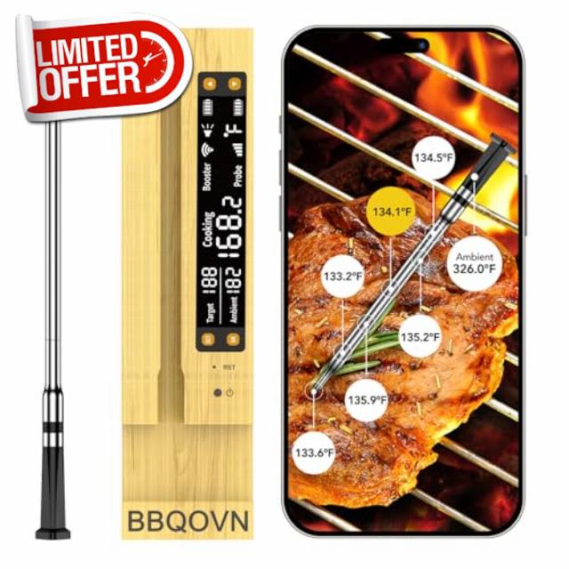 WiFi Sub-1g Wireless Meat Thermometer Unlimited Range with Digital Smart Base 7 NIST Certified Sensors with Ambient Temp Monitor for BBQ