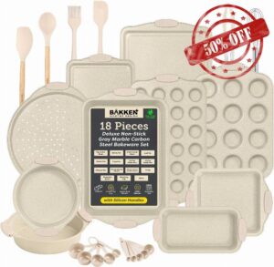 18-Piece Deluxe Nonstick Bakeware Set – Carbon Steel Baking Pans with White Marble Coating & Silicone Handles