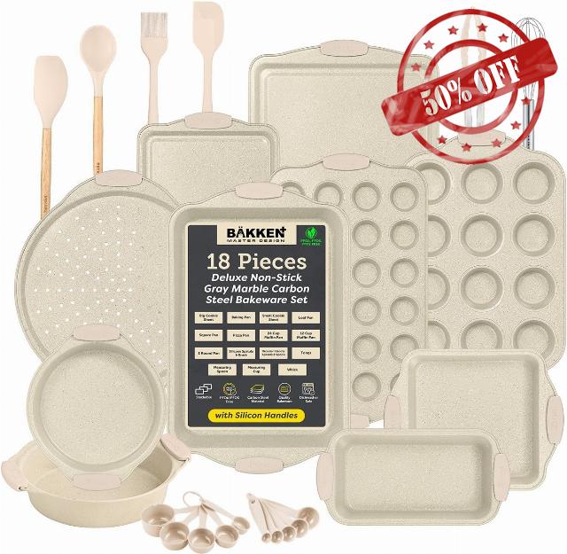 18-Piece Deluxe Nonstick Bakeware Set – Carbon Steel Baking Pans with White Marble Coating & Silicone Handles