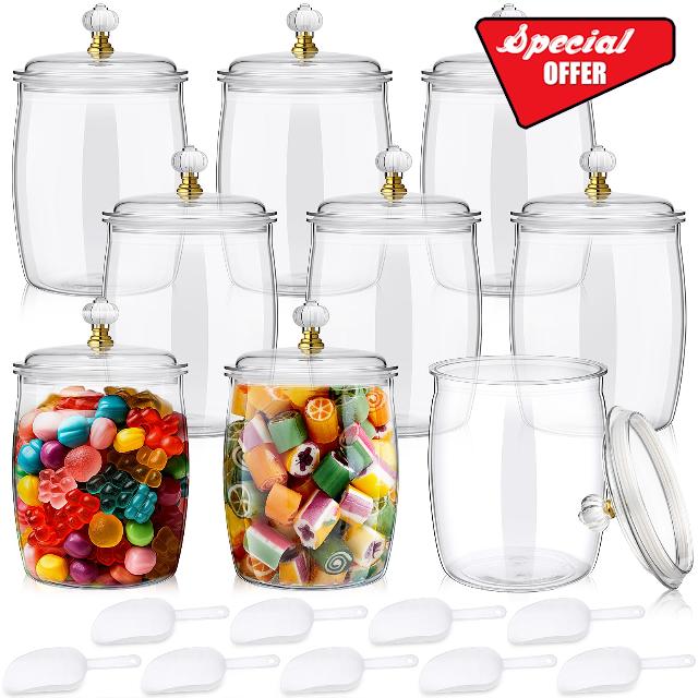 Maxdot 9 Pcs Candy and Cookie Jars with Lids Spoon 74 oz Plastic Decorative Apothecary Jars Candy Buffet Containers Clear Can Airtight Food Storage Canister for Home Decoration Supplies
