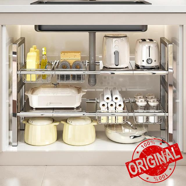 Large Under Sink Organizer 2 Tier Expandable Heavy Stainless Steel Shelf Adjustable Height for Under Kitchen Bathroom Sink Organizers and Storage (Large size: 4 panels 4 storage baskets)