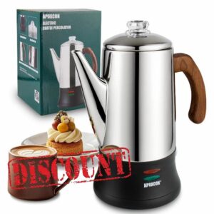 Electric Coffee Percolator Stainless Steel Coffee Pot with Two Tough Glass Clear Brew Progress Knob & Treated Solid Wood Handle & On/OFF Switch Auto Keep Warm Cordless Serve (8 Cup)