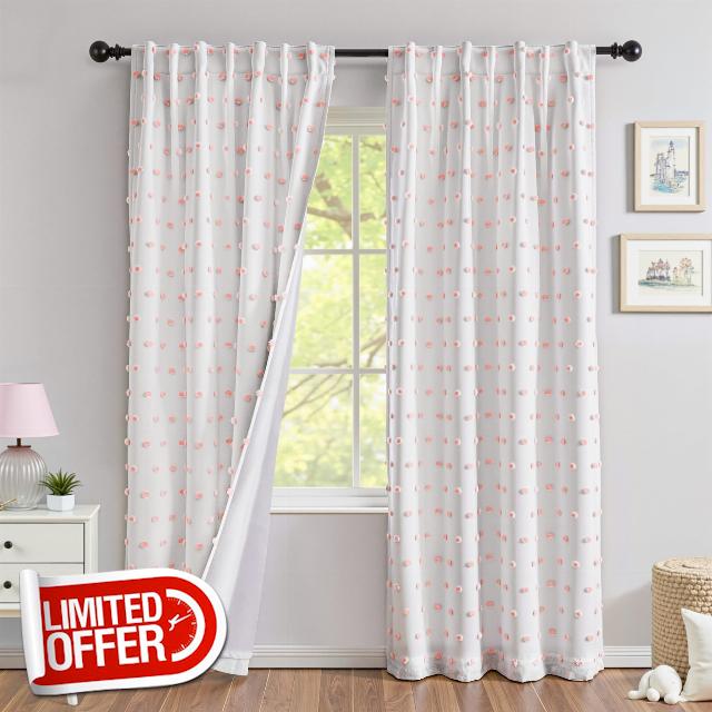 MYSKY HOME 100% Blackout Curtains for Girls Bedroom 84 Inch Long Total Light Blocking Nursery Pink Curtain for Living Room 2 Panels Room Darkening Back Tab Window Drapes with Pom Pom Sheer 52W x 84L