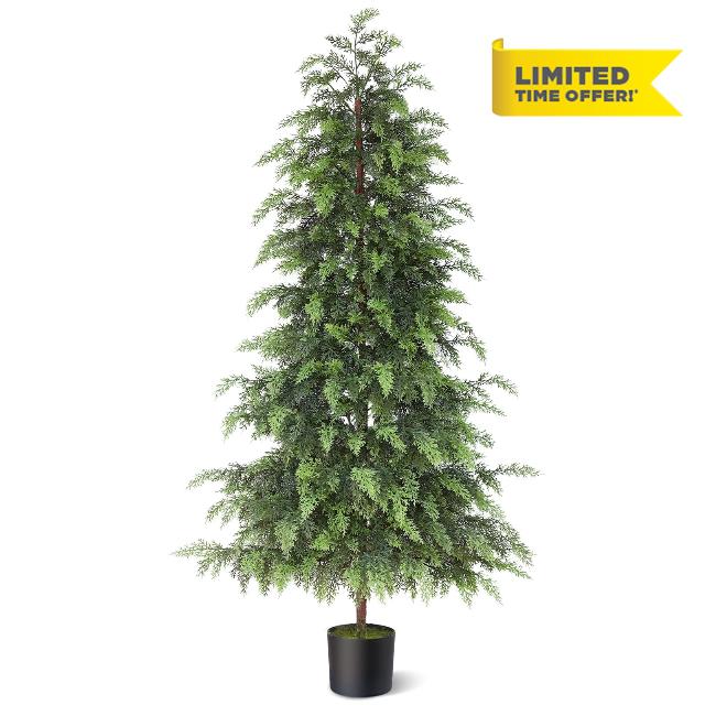 FOTEEWL 5FT Artificial Cedar Trees Topiary for Front Porch Decor - Fake Pine Shrubs Potted Plants Faux Bushes Cypress UV Resistant for Outdoor Indoor Door Offices Farmhouse Home Decor