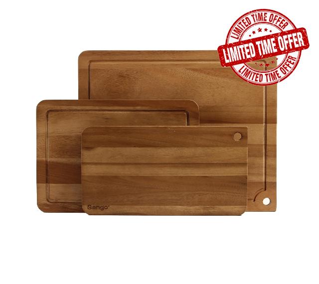 Sango Atelier Acacia Wood 3-Piece Cutting Board Set with Straight Edge and Comfortable Handles- Reversible & Durable Kitchen Chopping Boards for Meat
