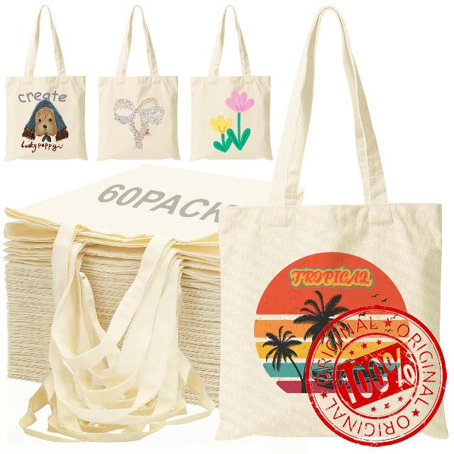 60 Pack Sublimation Blanks Tote Bags Bulk 13X15 Inch Canvas Tote With Handles for DIY Crafting Heat Transfer Vinyl